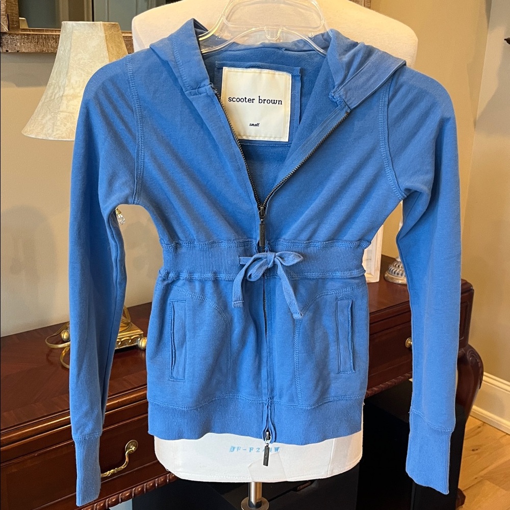 Jacket Hooded Zip Cinched Drawstring Waist Blue Knit - Picture 3 of 5